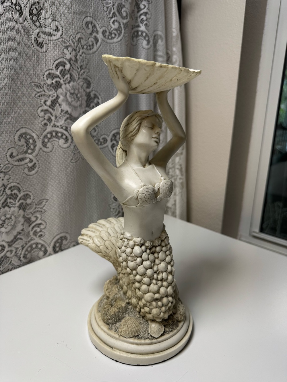 Vintage Art Nouveau Mermaid Statue Clam Shell Candle Holder Off White Resin- 12”